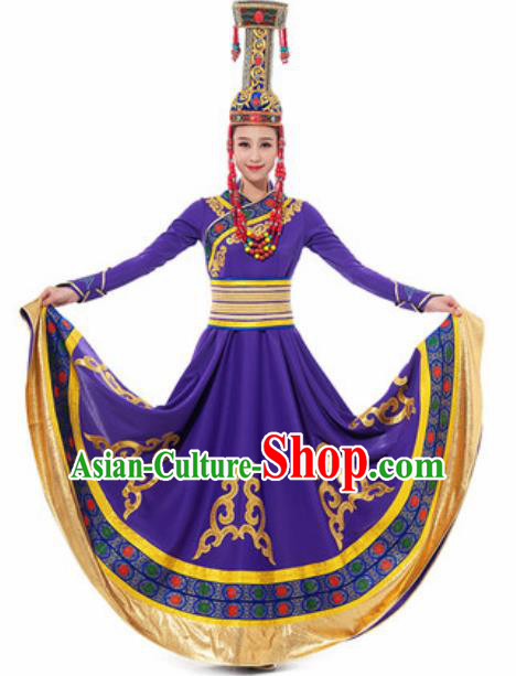 Traditional Chinese Mongol Ethnic Costume Mongolian Nationality Minority Dance Purple Dress for Women
