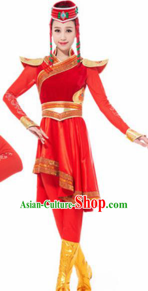 Traditional Chinese Mongol Ethnic Costume Mongolian Nationality Minority Dance Red Dress for Women