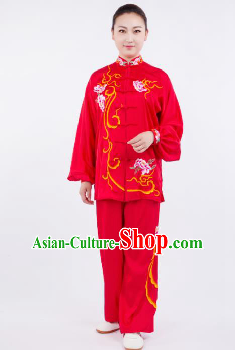 Chinese Traditional Martial Arts Competition Embroidered Peony Red Costume Kung Fu Tai Chi Training Clothing for Women