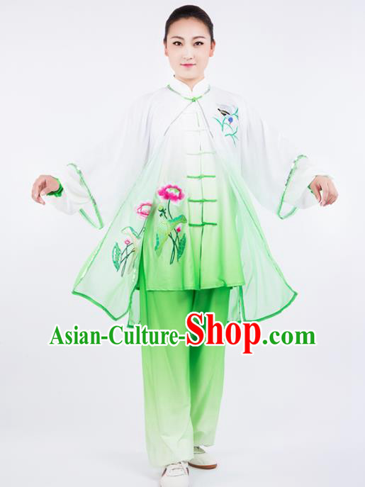 Chinese Traditional Martial Arts Embroidered Lotus Green Costume Kung Fu Competition Tai Chi Training Clothing for Women