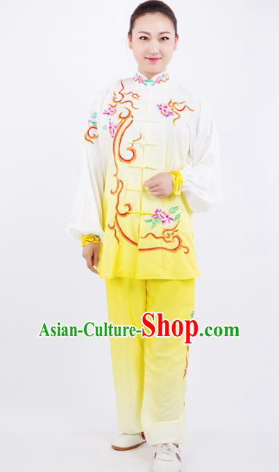 Chinese Traditional Martial Arts Competition Embroidered Peony Yellow Costume Kung Fu Tai Chi Training Clothing for Women