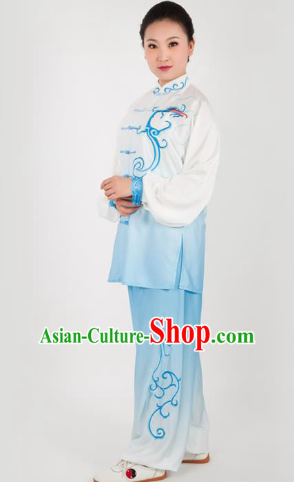 Chinese Traditional Martial Arts Embroidered Blue Costume Kung Fu Competition Tai Chi Training Clothing for Women