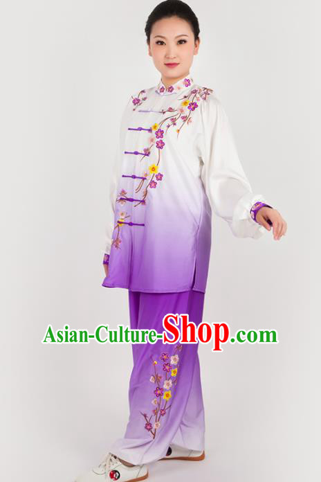 Chinese Traditional Martial Arts Embroidered Plum Purple Costume Kung Fu Competition Tai Chi Training Clothing for Women