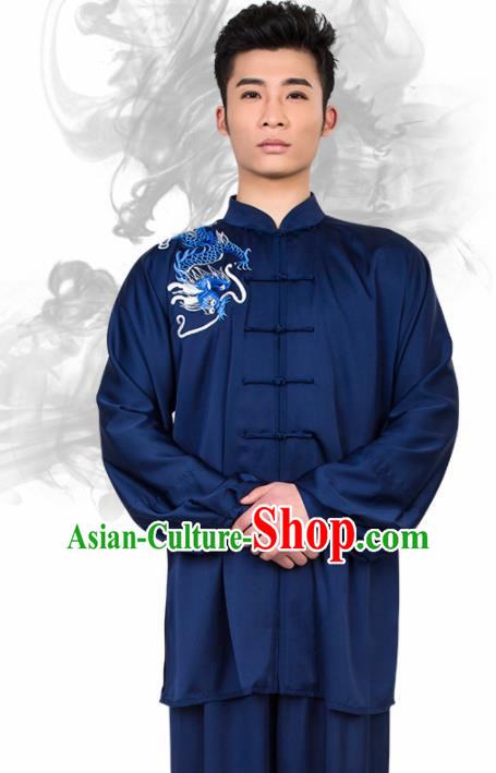 Chinese Traditional Martial Arts Competition Embroidered Dragon Navy Costume Kung Fu Tai Chi Training Clothing for Men