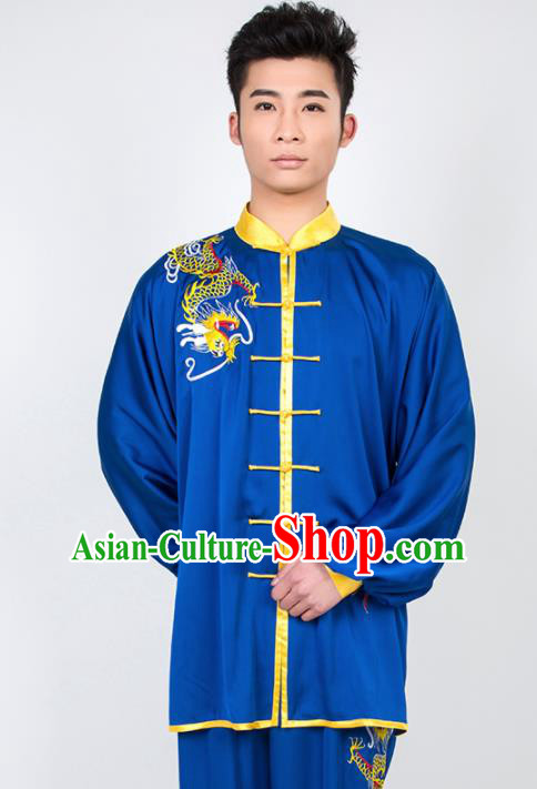 Chinese Traditional Martial Arts Competition Embroidered Dragon Blue Costume Kung Fu Tai Chi Training Clothing for Men
