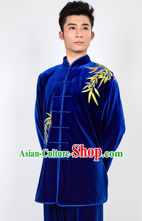 Chinese Traditional Martial Arts Competition Embroidered Royalblue Velvet Costume Kung Fu Tai Chi Training Clothing for Men