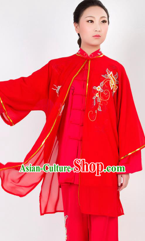 Chinese Traditional Martial Arts Embroidered Peony Red Costume Best Kung Fu Competition Tai Chi Training Clothing for Women