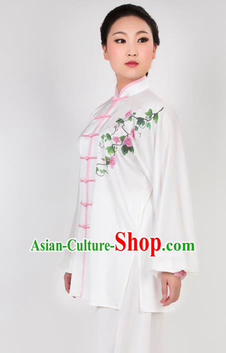 Chinese Traditional Martial Arts Printing Petunia White Costume Best Kung Fu Competition Tai Chi Training Clothing for Women