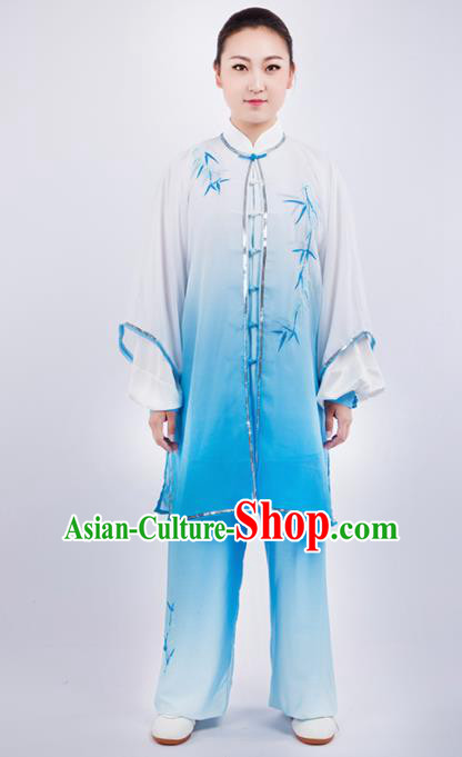 Chinese Traditional Martial Arts Embroidered Bamboo Blue Costume Kung Fu Competition Tai Chi Training Clothing for Women