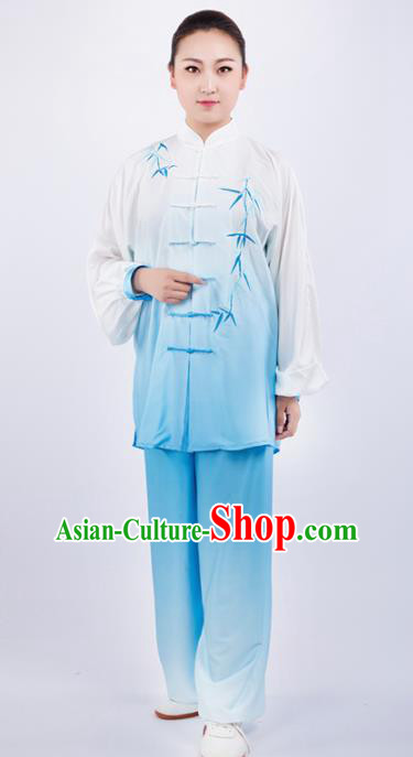 Chinese Traditional Martial Arts Embroidered Bamboo Blue Costume Kung Fu Competition Tai Chi Training Clothing for Women