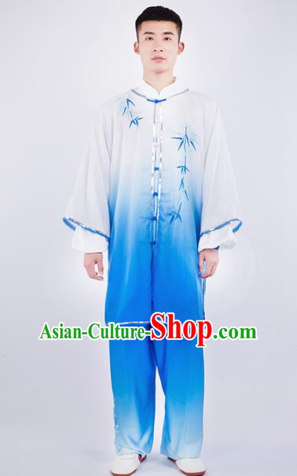 Chinese Traditional Martial Arts Competition Embroidered Bamboo Blue Costume Kung Fu Tai Chi Training Clothing for Men