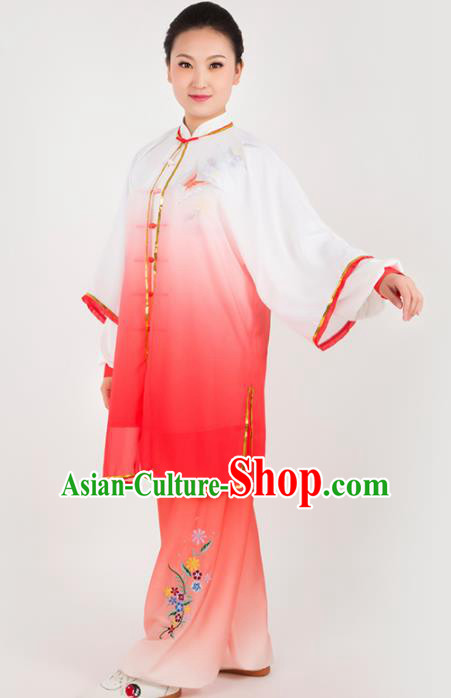 Chinese Traditional Martial Arts Embroidered Butterfly Red Costume Kung Fu Competition Tai Chi Training Clothing for Women