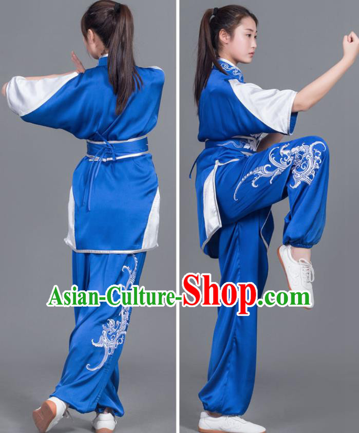 Professional Chinese Martial Arts Embroidered Royalblue Costume Traditional Kung Fu Competition Tai Chi Clothing for Women