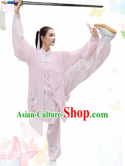 Professional Chinese Martial Arts Embroidered Magnolia Pink Costume Traditional Kung Fu Competition Tai Chi Clothing for Women