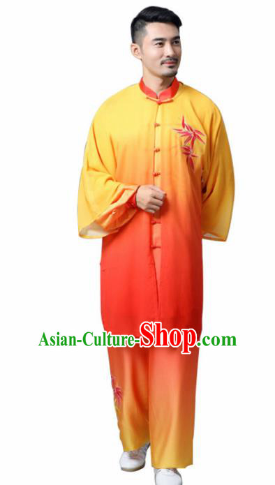 Traditional Chinese Martial Arts Competition Embroidered Bamboo Orange Uniforms Kung Fu Tai Chi Training Costume for Men