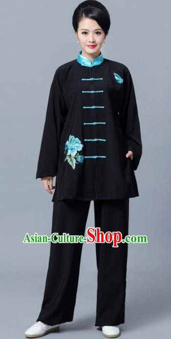Professional Chinese Martial Arts Printing Blue Peony Costume Traditional Kung Fu Competition Tai Chi Clothing for Women