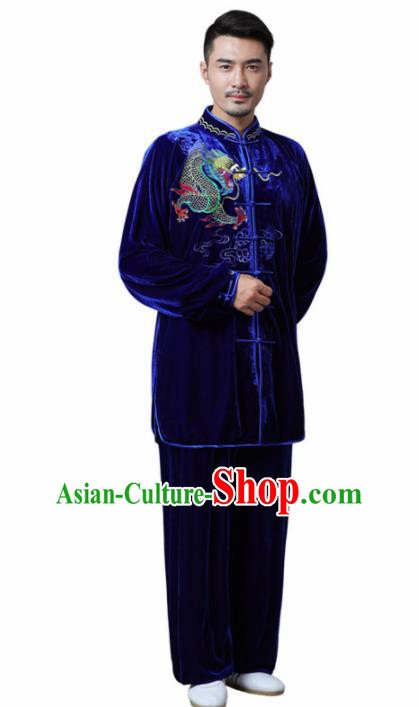 Traditional Chinese Martial Arts Competition Printing Dragon Royalblue Velvet Uniforms Kung Fu Tai Chi Training Costume for Men