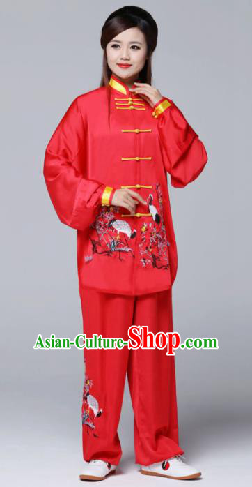 Professional Chinese Martial Arts Ink Painting Crane Red Costume Traditional Kung Fu Competition Tai Chi Clothing for Women