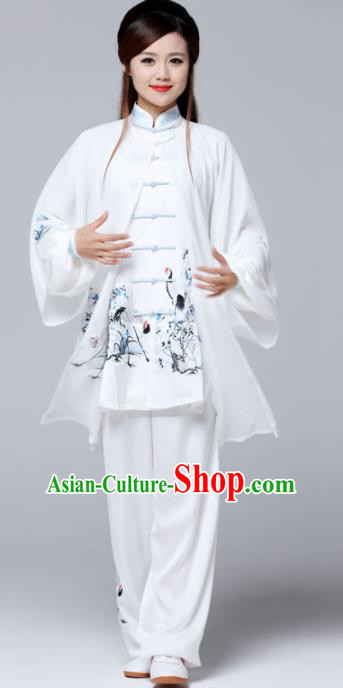 Professional Chinese Martial Arts Ink Painting Crane White Costume Traditional Kung Fu Competition Tai Chi Clothing for Women