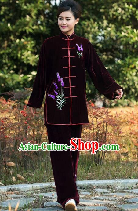 Professional Martial Arts Competition Embroidered Lavender Purplish Red Costume Chinese Traditional Kung Fu Tai Chi Clothing for Women