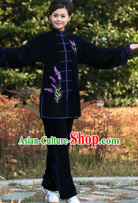 Professional Martial Arts Competition Embroidered Lavender Navy Costume Chinese Traditional Kung Fu Tai Chi Clothing for Women