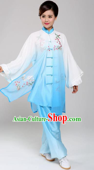 Professional Martial Arts Embroidered Magnolia Blue Costume Chinese Traditional Kung Fu Competition Tai Chi Clothing for Women