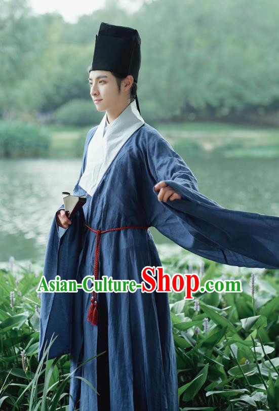 Traditional Chinese Ming Dynasty Scholar Navy Robe Ancient Drama Taoist Priest Replica Costumes for Men