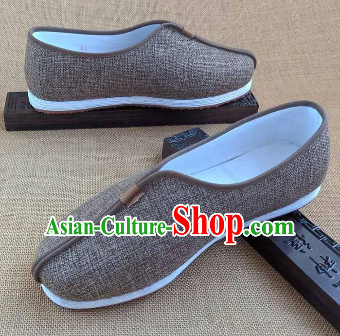 Traditional Chinese Cloth Shoes Handmade Multi Layered Shoes Martial Arts Brown Linen Shoes for Men