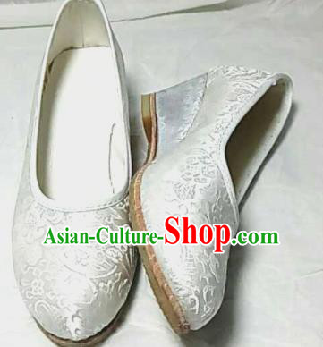 Traditional Chinese White Satin High Heel Shoes Handmade Hanfu Shoes Ancient Princess Shoes for Women