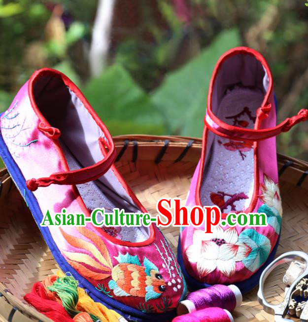 Traditional Chinese Embroidered Lotus Rosy Shoes Handmade Hanfu Shoes Ancient Princess Satin Shoes for Women