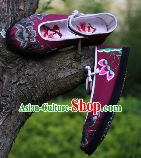 Traditional Chinese Wine Red Embroidered Shoes Handmade Hanfu Shoes Ancient Princess Shoes for Women