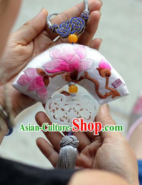 Chinese Traditional Embroidered Magnolia Jade Pendant Handmade Hanfu Waist Accessories for Women