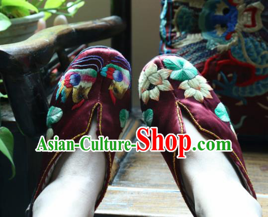 Traditional Chinese Embroidered Lotus Purplish Red Shoes Handmade Hanfu Shoes Ancient Princess Shoes for Women
