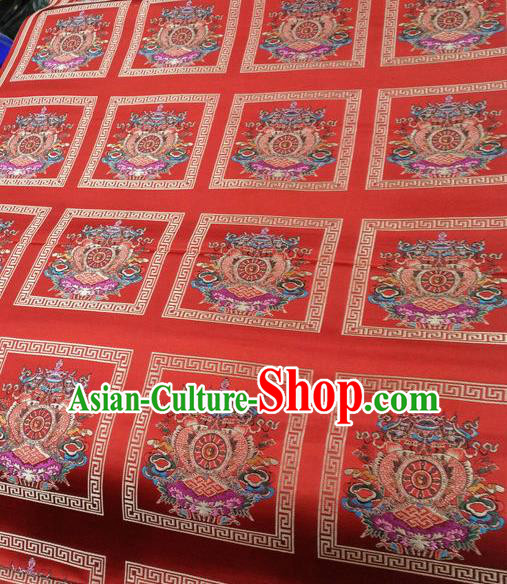 Asian Chinese Traditional Buddhism Eight Treasures Pattern Design Red Brocade Fabric Tibetan Robe Silk Material