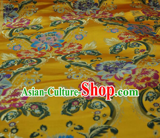 Asian Chinese Traditional Buddhism Peony Pattern Design Yellow Brocade Fabric Tibetan Robe Silk Material