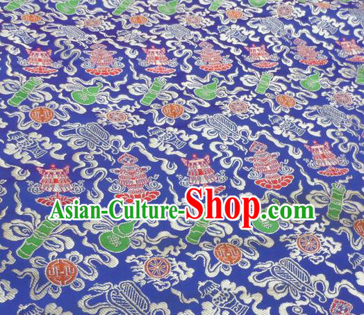 Asian Chinese Buddhism Traditional Eight Treasures Pattern Design Blue Brocade Fabric Tibetan Robe Silk Material