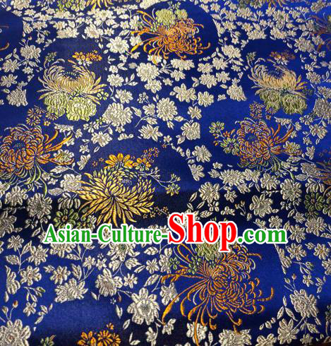 Asian Chinese Traditional Chrysanthemum Pattern Design Blue Brocade Fabric Cheongsam Silk Material