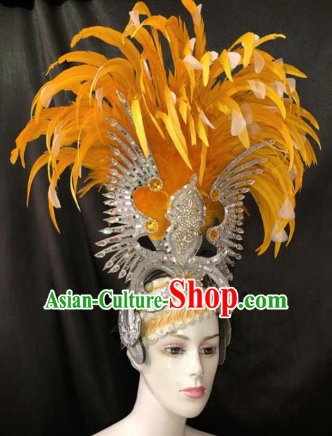 Customized Halloween Cosplay Deluxe Yellow Feather Hair Accessories Brazil Parade Catwalks Giant Headpiece for Women