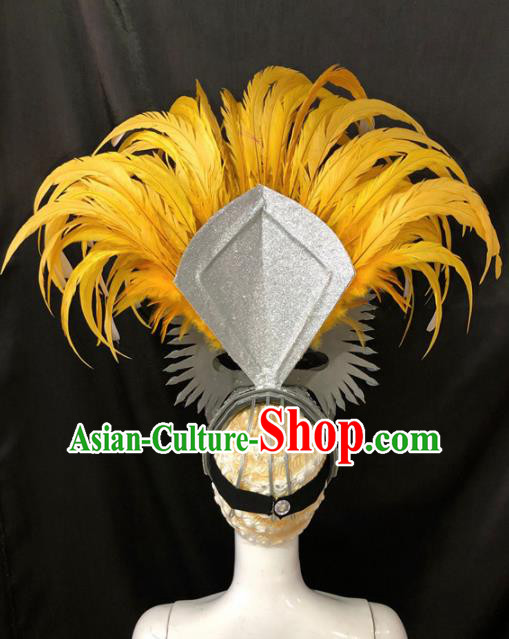 Customized Halloween Cosplay Deluxe Yellow Feather Hair Accessories Brazil Parade Catwalks Giant Headpiece for Women