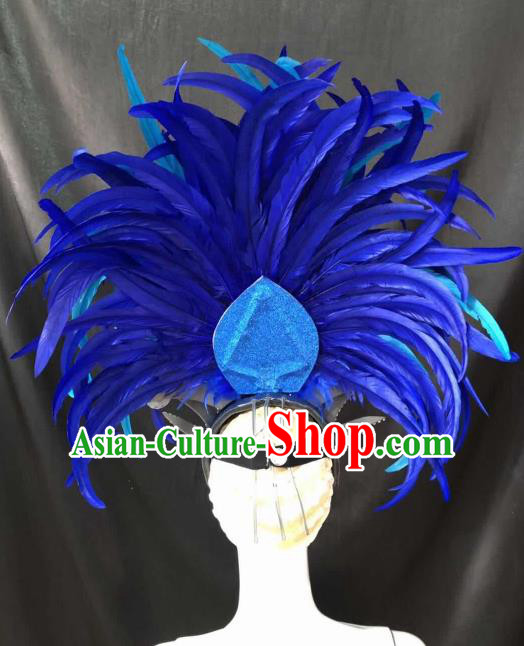 Customized Halloween Cosplay Deluxe Blue Feather Hair Accessories Brazil Parade Catwalks Giant Headpiece for Women
