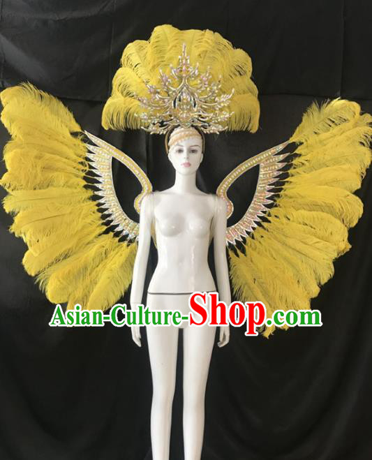 Customized Halloween Samba Dance Yellow Feather Props Brazil Parade Wings Backboard and Headpiece for Women