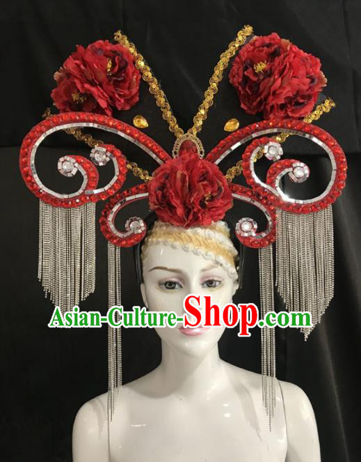 Customized Halloween Carnival Red Peony Giant Hair Accessories Brazil Parade Samba Dance Headpiece for Women