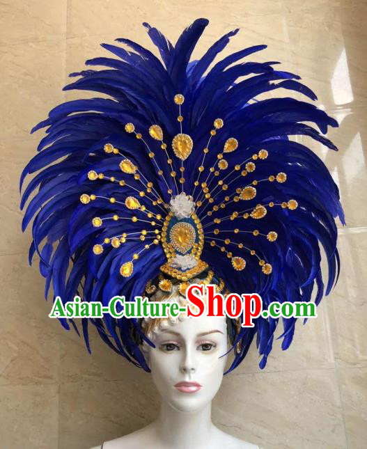 Customized Halloween Cosplay Royalblue Feather Hair Accessories Brazil Parade Samba Dance Giant Headpiece for Women