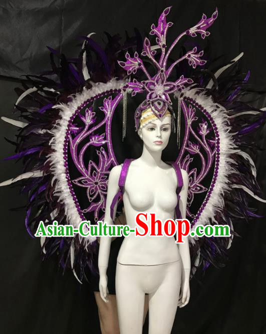 Customized Halloween Samba Dance Purple Feather Props Brazil Parade Wings Backboard and Headpiece for Women