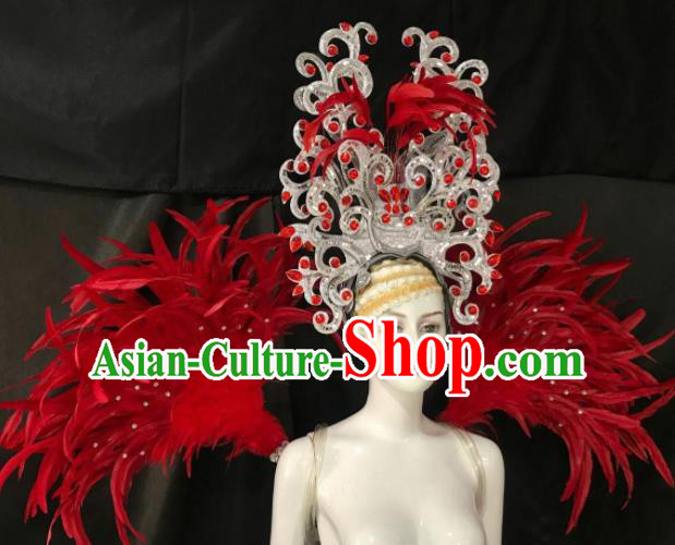 Customized Halloween Samba Dance Red Feather Props Brazil Parade Wings Backboard and Headpiece for Women