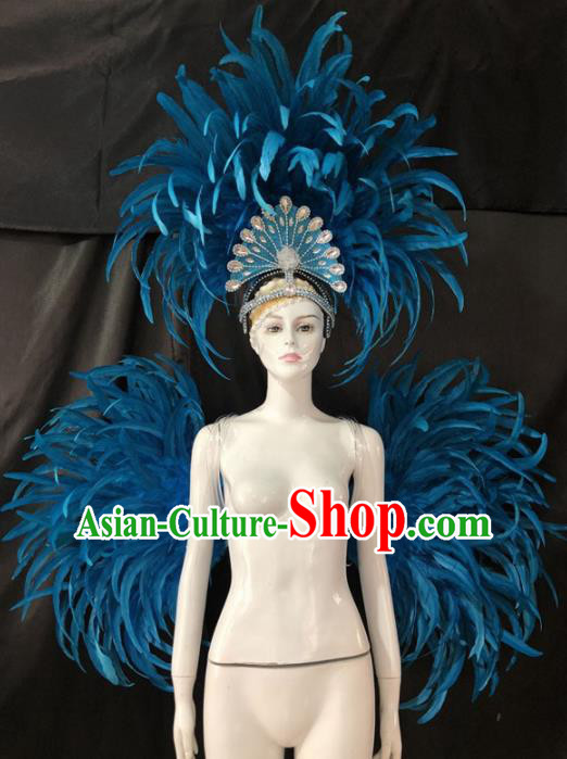 Customized Halloween Samba Dance Blue Feather Props Brazil Parade Backboard and Giant Headpiece for Women