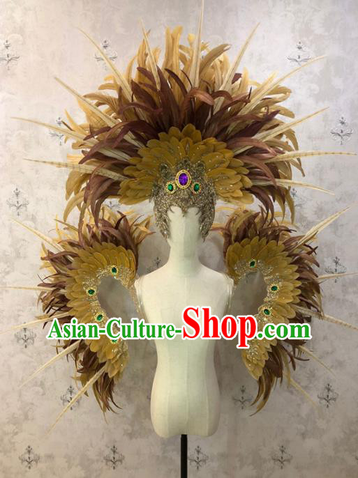 Customized Halloween Samba Dance Prop Brazil Parade Yellow Feather Wings Backboard and Headpiece for Women