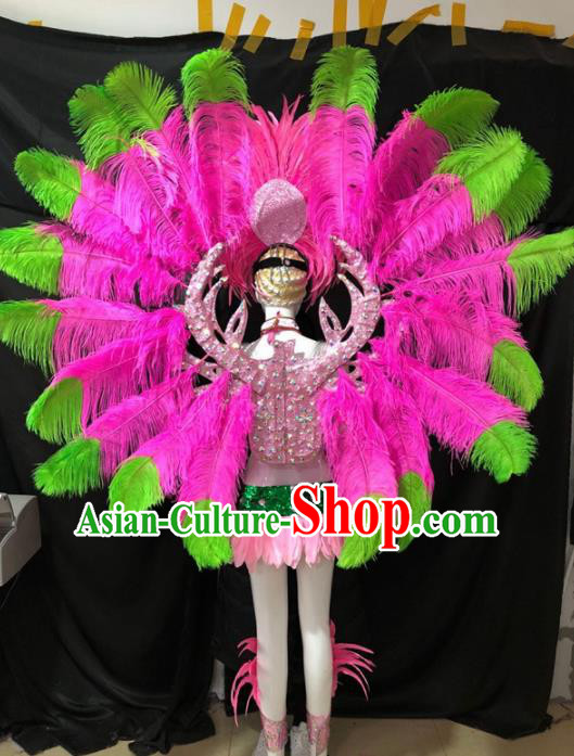 Customized Halloween Samba Dance Costumes Brazil Parade Rosy Feather Wings Backboard and Headpiece for Women