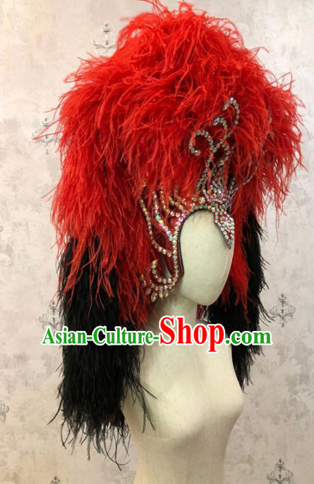 Customized Halloween Carnival Red and Black Feather Giant Hair Accessories Brazil Parade Samba Dance Headpiece for Women