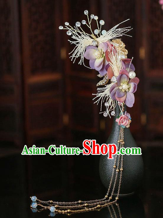Top Chinese Traditional Purple Flowers Tassel Hair Claws Handmade Hanfu Hairpins Hair Accessories for Women